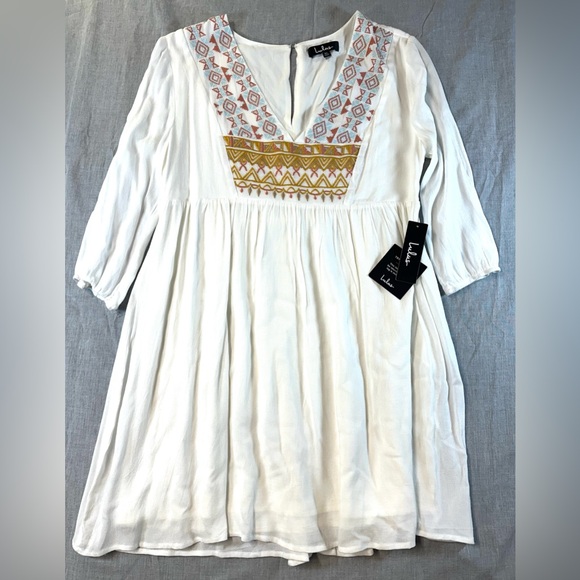 Lulus Dresses & Skirts - Lulus White Girlhoodcore with Geometric Embroidery NWT! Sz XL flowy low cut